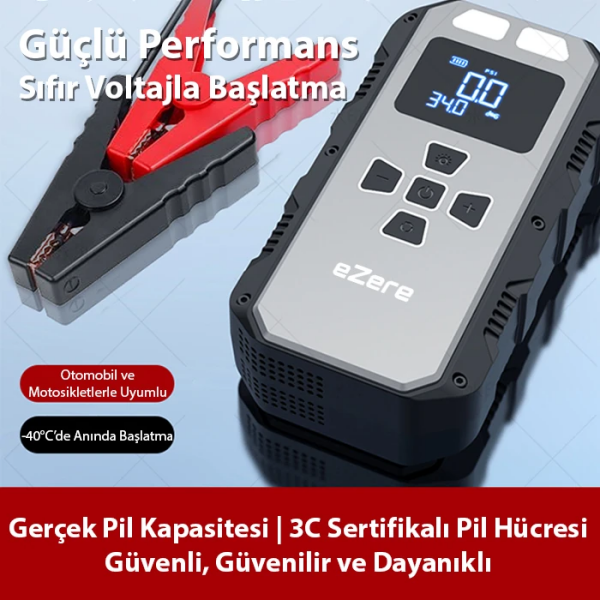 EZERE 4 in1 8000mAh Lastik Sisirme Pompası Ve Starter Akü Takviye Seti-(5775)