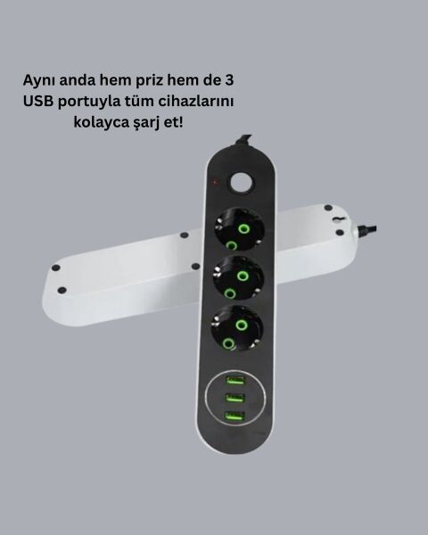 3 USB Çıkışlı Hızlı Şarjlı Anahtarlı Üçlü Priz