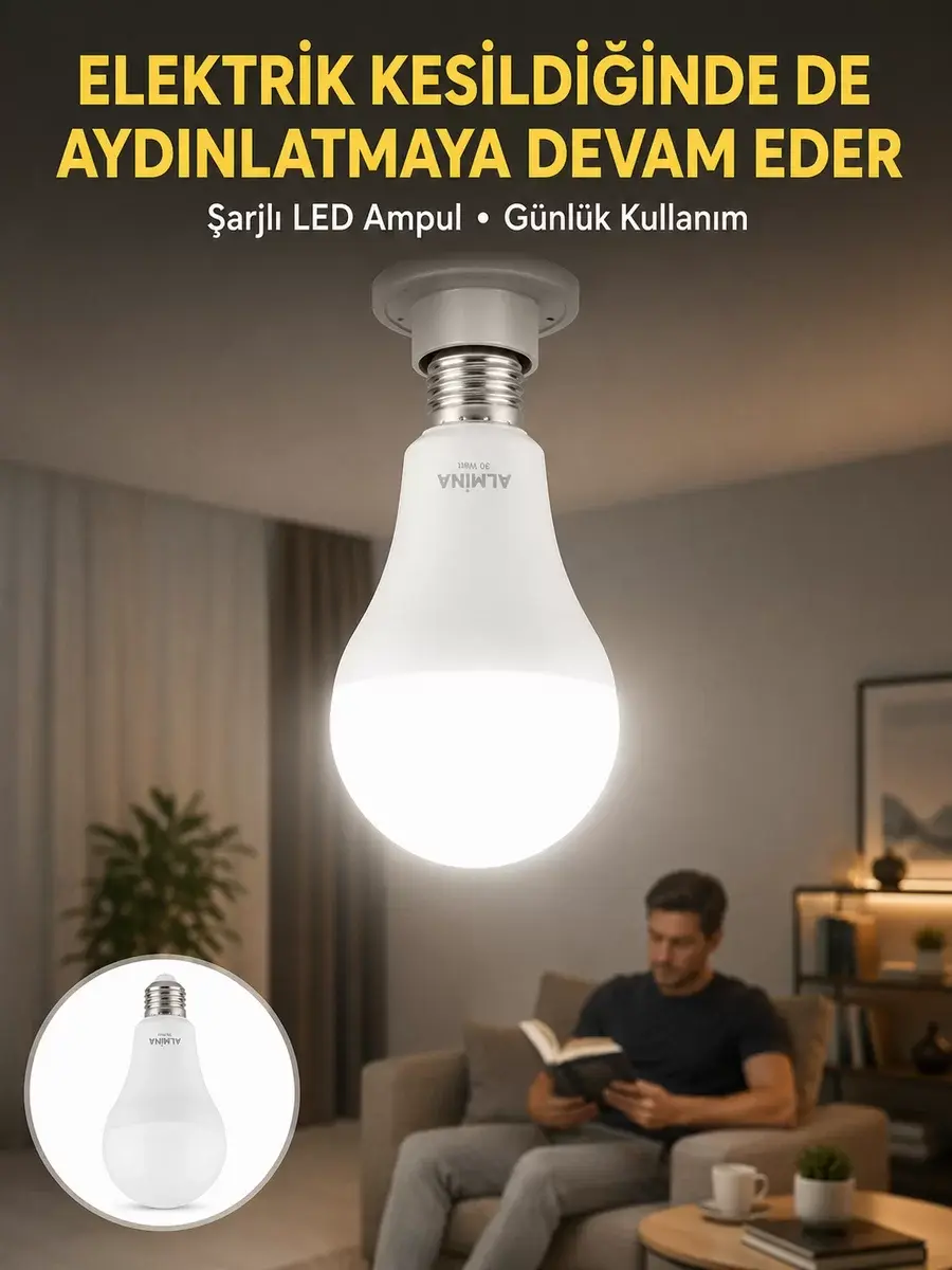 Acil Durumlar İçin Şarjlı LED Ampul 6400K Soğuk Beyaz 30 Watt Yeni Nesil