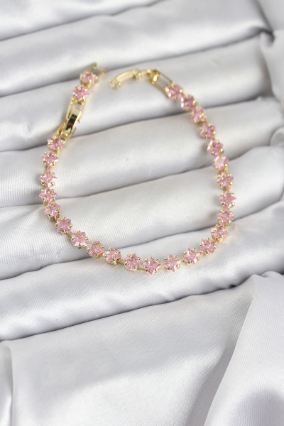 Pembe Kare Zirkon Taşlı Gold Renk Pirinç Su Yolu Kadın Bileklik 5886