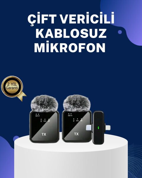 2in1 Kablosuz Yaka Mikrofonu iOS ve Android Uyumlu