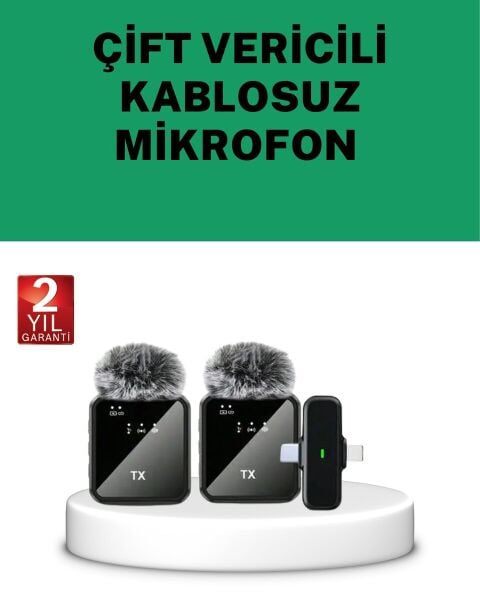 Canlı Yayın ve Video Çekimleri İçin Çiftli Kablosuz Yaka Mikrofon