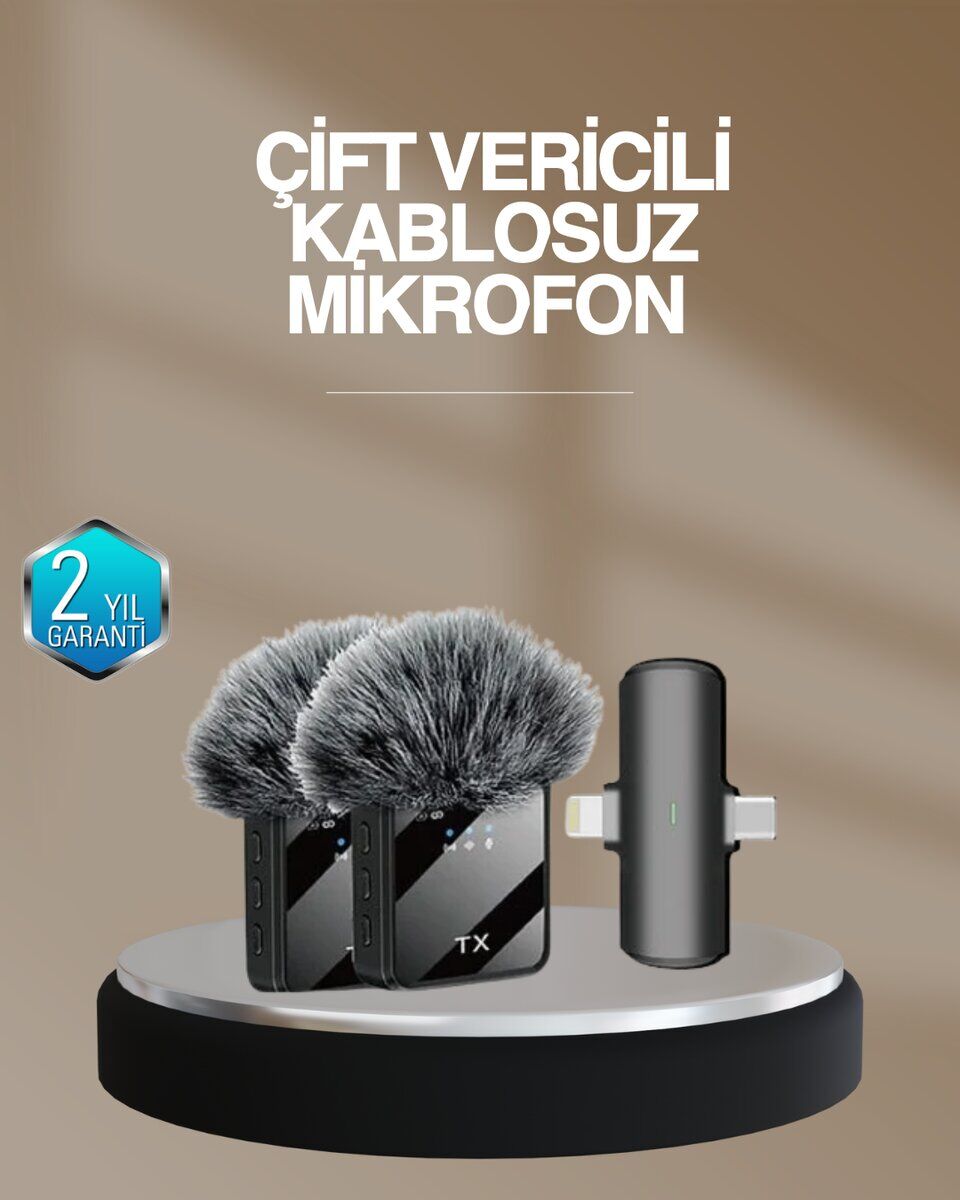 2’li Kablosuz Yaka Mikrofonu Type-C ve Lightning Uyumlu Profesyonel Set