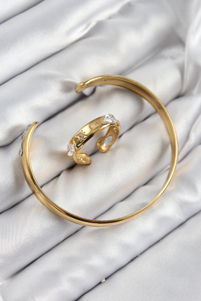 Pirinç Zirkon Taşlı Ayrık Model Gold Renk Bileklik Yüzük Set 5886