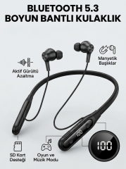 Ekranlı ve SD Kart Destekli Bluetooth 5.3 Boyun Bantlı Kulaklık