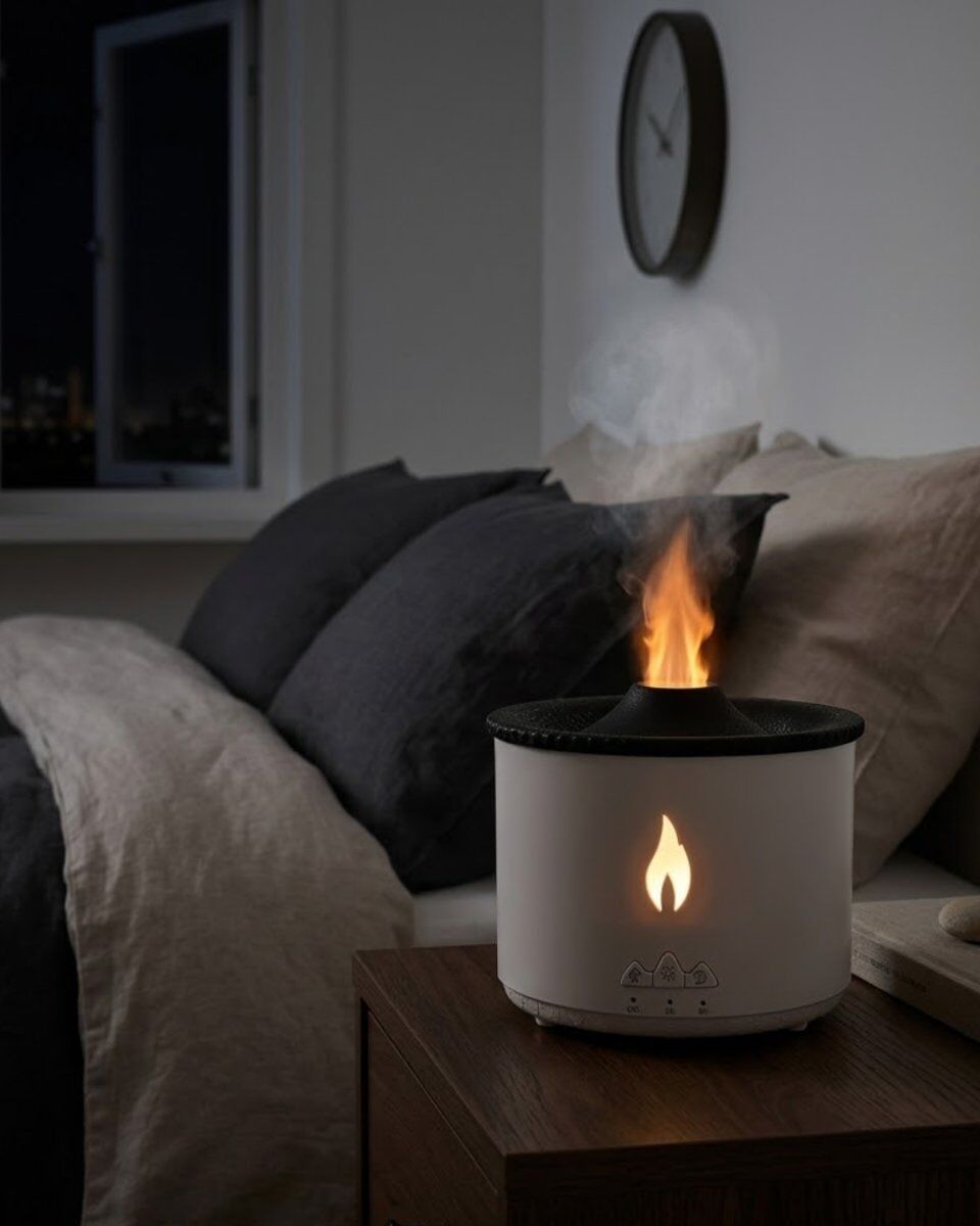 Alev ve Volkan Efektli Ultrasonik Aroma Difüzörü LED Gece Lambalı Hava Nemlendirici