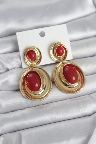 Kırmızı Sallantılı Damla Model Gold Renk Vintage Kadın Küpe 5886