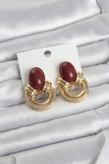 Pirinç Gold Renk Bordo Taşlı Vintage Kadın Küpe 5886