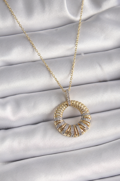 316L Çelik Gold Renk Zincir Gümüş Zirkon Taşlı Daire Model Kadın Kolye 5886
