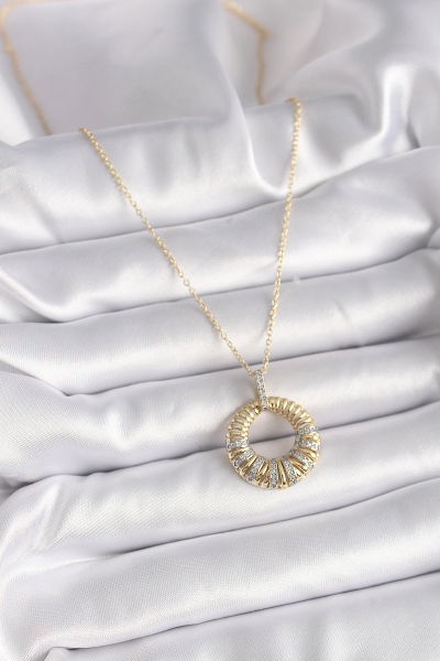 316L Çelik Gold Renk Zincir Gümüş Zirkon Taşlı Daire Model Kadın Kolye 5886