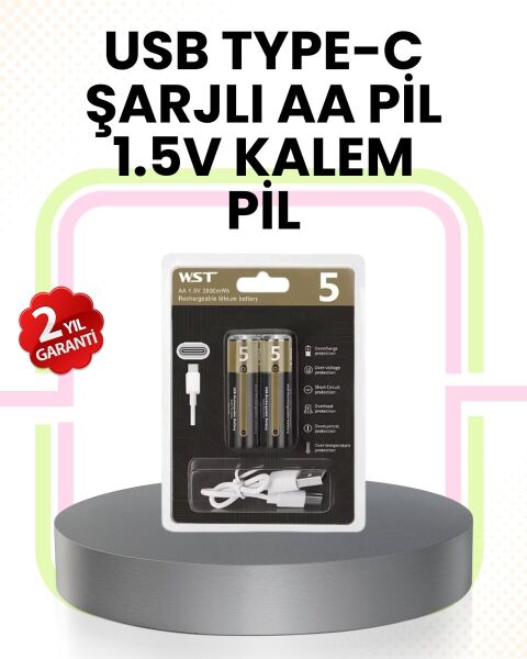 Tekrar Şarj Edilebilir AA USB Type-C Pil | 1000+ Döngü | 1.5V Sabit Voltaj