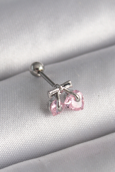 316L Çelik Gümüş Renk Pembe Zirkon Taşlı Kalp Tragus Piercing 5886