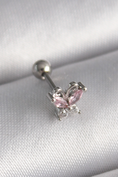 316L Çelik Gümüş Renk Pembe Zirkon Taşlı Kelebek Tragus Piercing 5886
