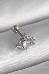 316L Çelik Gümüş Renk Pembe Mineli Kalp Zirkon Taş Detay Tragus Piercing 5886