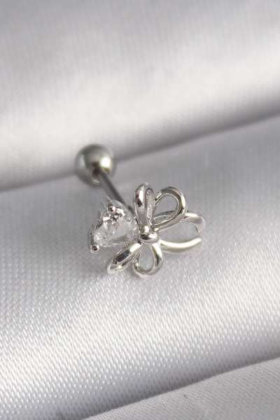 316L Çelik Gümüş Renk Zirkon Taş Detay Kurdele Model Tragus Piercing 5886