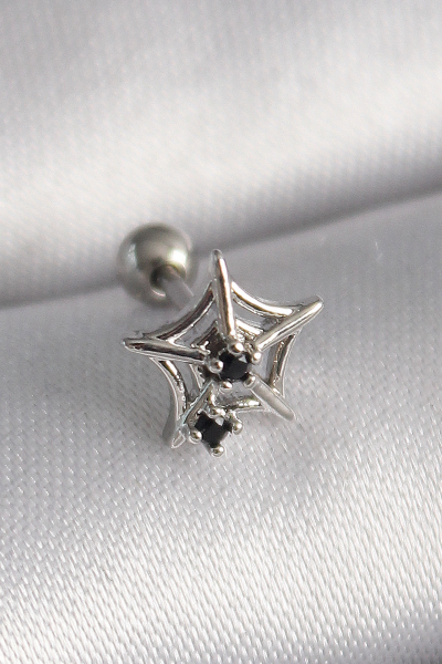316L Çelik Gümüş Renk Siyah Zirkon Taş Detay Örümcek Ağ Model Tragus Piercing 5886