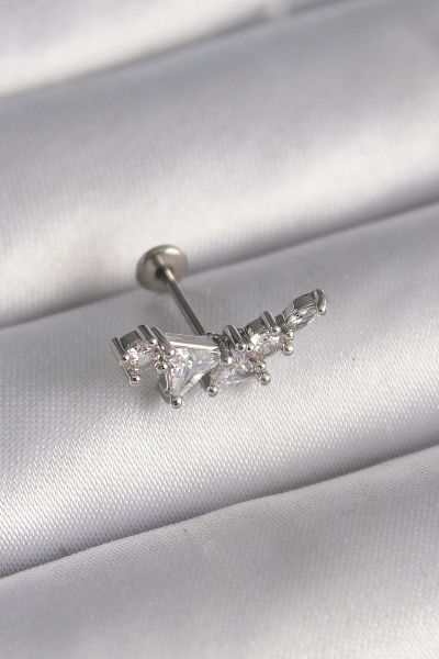 316L Çelik Gümüş Renk Zirkon Taşlı Tragus Piercing 5886