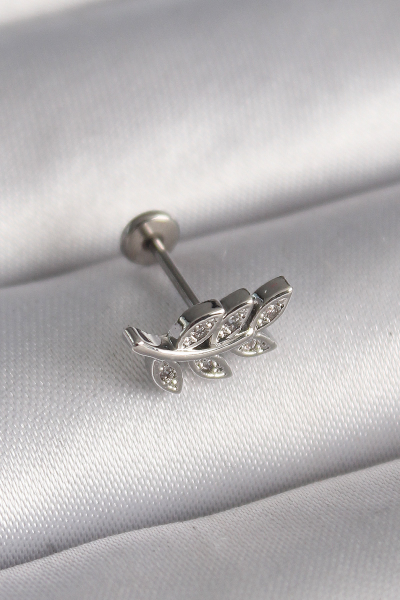 316L Çelik Gümüş Renk Dal Model Zirkon Taş Detaylı Tragus Piercing 5886