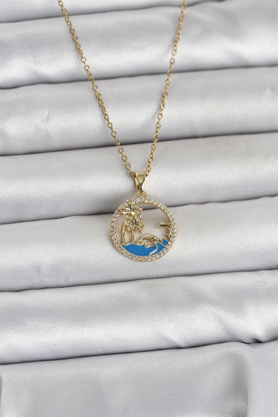 316L Çelik Zincir Gold Renk Zirkon Taşlı Deniz Temalı Kadın Kolye 5886