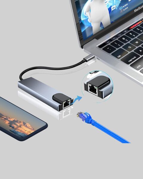 Alüminyum Kasalı MacBook USB-C Hub – 4K HDMI USB 3.0 SD/TF Kart Girişi PD Şarj Desteği