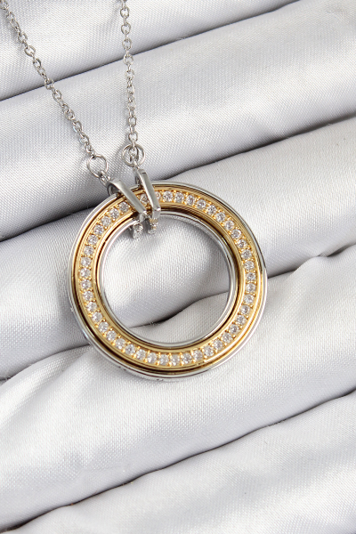 316L Çelik Zirkon Taşlı Dönen Daire Model Gold Ve Gümüş Renk Kadın Kolye 5886