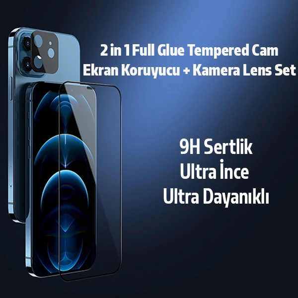 İPhone 12 Mini  2İN1 Full Glue Tempered Cam Ekran Koruyucu +Kamera Lens Set-(5775)