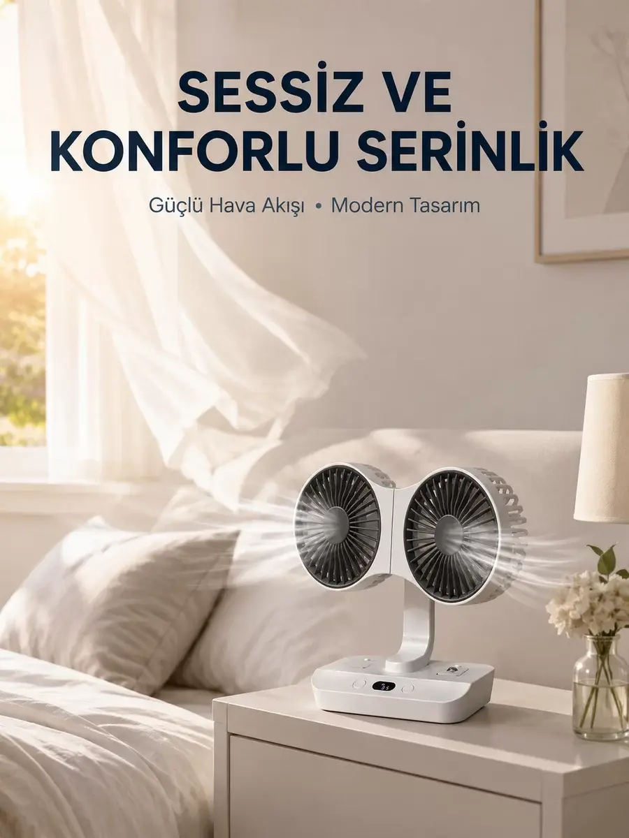 Duvara Monte Edilebilen Çift Başlıklı Sessiz Masa Fanı