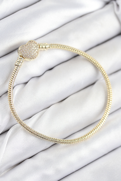 Pirinç Charm Zirkon Taşlı Kalp Model Gold Renk Kadın Bileklik 5886
