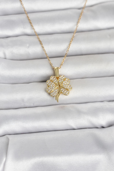 316L Çelik Gold Renk Açılabilir Yonca Model Zirkon Taşlı Kadın Kolye 5886
