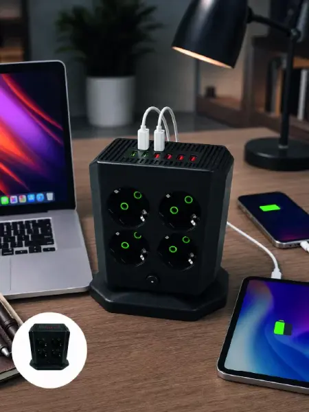 Akım Korumalı 8'li Dikey Priz 4 USB 2 Type-C Hızlı Şarj Destekli Çoklu Priz