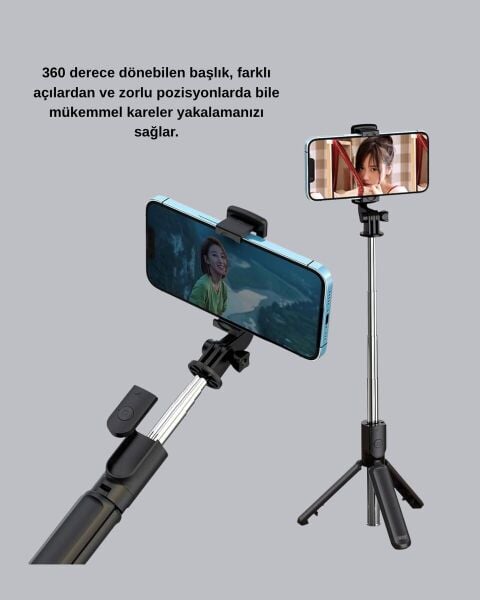 Kablosuz Bluetooth Selfie Çubuğu – 360° Dönebilir Başlık Taşınabilir ve Şık Tasarım