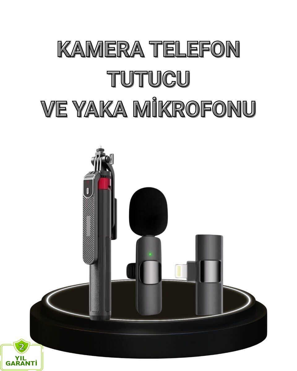 Vlog ve Canlı Yayın İçin Çift Yaka Mikrofonu ve Tripodlu Selfie Çubuğu Seti