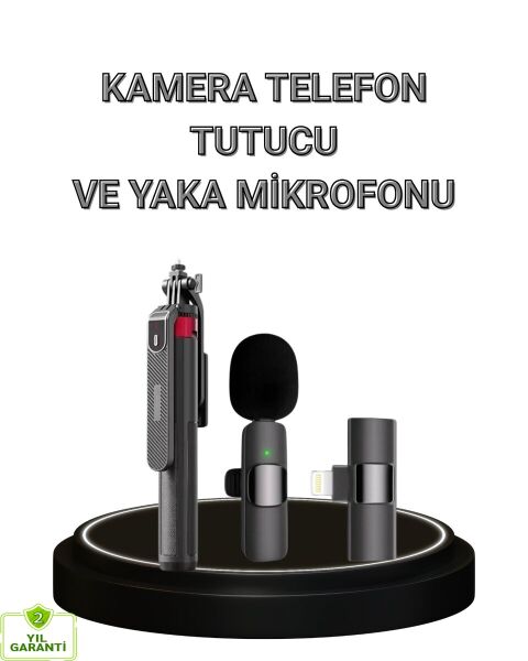 Vlog ve Canlı Yayın İçin Çift Yaka Mikrofonu ve Tripodlu Selfie Çubuğu Seti