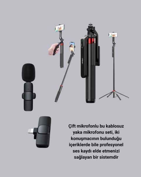 Kablosuz Çift Yaka Mikrofonu ve Tripodlu Selfie Çubuğu İçerik Üretici Seti