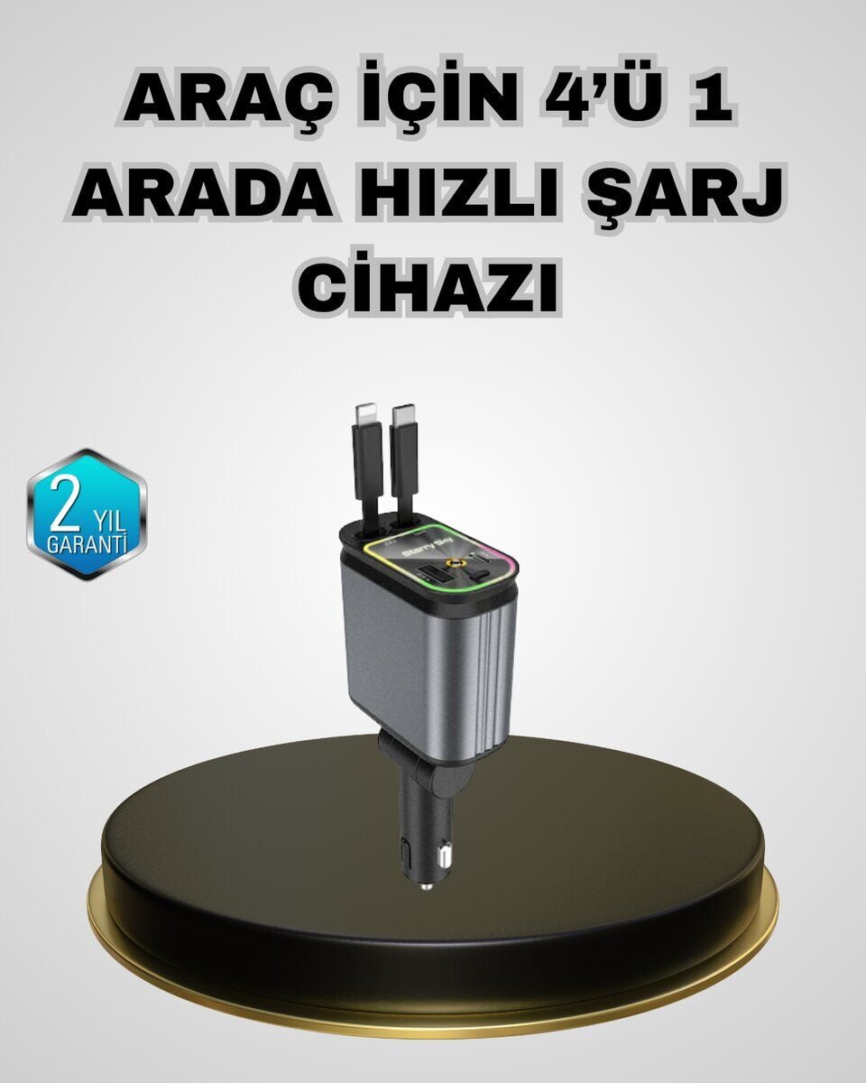 Araç Şarj Adaptörü 66W PD QC Hızlı Şarjlı ve Çekilebilir Kablolu