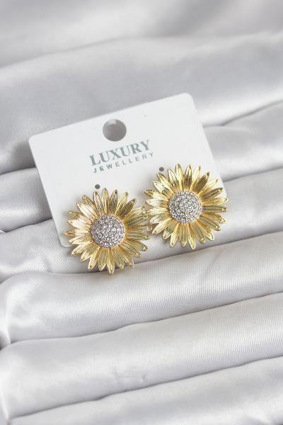 Papatya Model Zirkon Taşlı Pirinç Gold Renk Kadın Küpe 5886