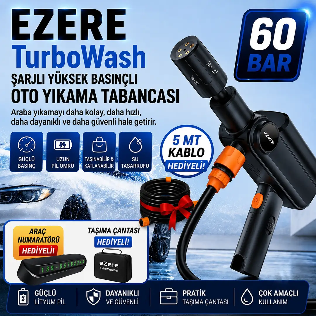 EZERE TurboWash Şarjlı 60 Bar Yüksek Basınçlı Oto Araba Bahçe Yıkama ve Temizleme Tabancası Makinesi-(5775)