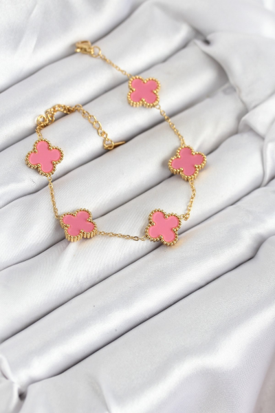 316L Çelik Gold Zincir Pembe Yonca Renk Bileklik 5886