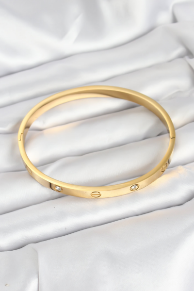 316L Çelik Gold Renk Zirkon Taşlı 65 mm Kadın Kelepçe Bileklik 5886