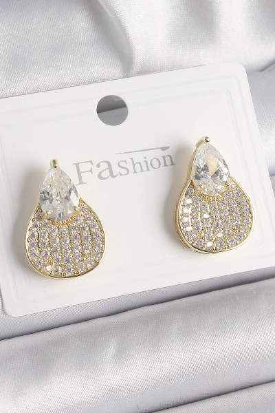 Pirinç Gold Renk Zirkon Taşlı Damla Model Kadın Küpe 5886