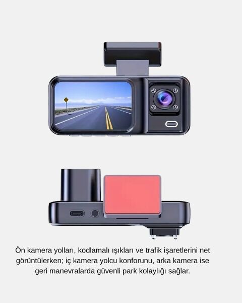 Full HD Üç Kameralı Araç Kamerası G-Sensörlü ve Gece Görüşlü