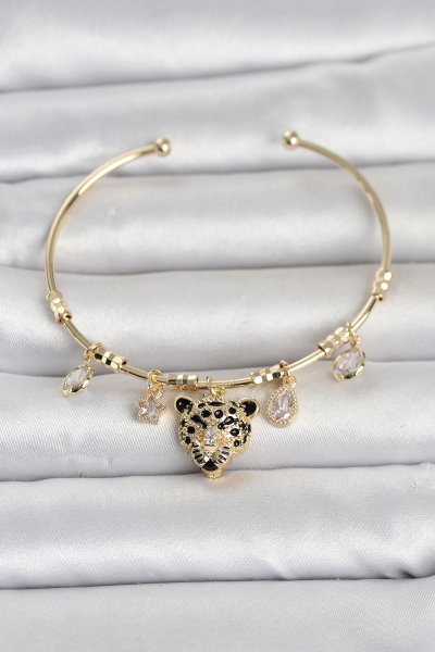 Pirinç Gold Renk Leopar Detaylı Charmlı Kadın Bileklik 5886