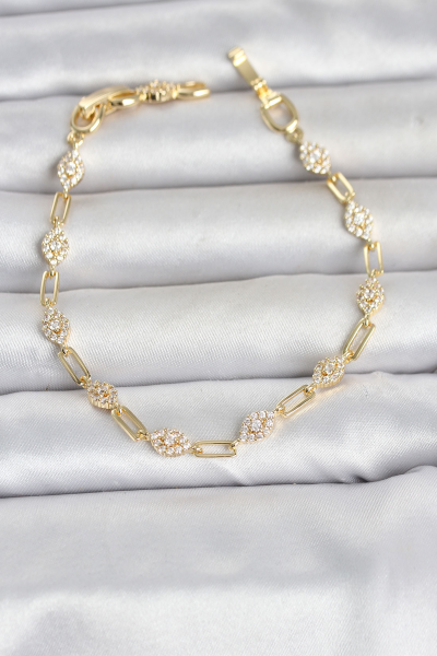 Gold Renk Zirkon Taşlı Ataç Zincir Model Kadın Bileklik 5886