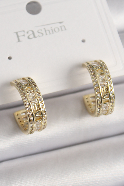 Pirinç Gold Renk Zirkon Taşlı İşleme Detay Halka Model Kadın Küpe 5886