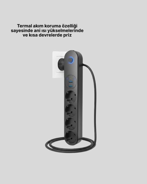 4’lü Çoklu Priz 2 USB Type-C Girişli Akım Korumalı Siyah
