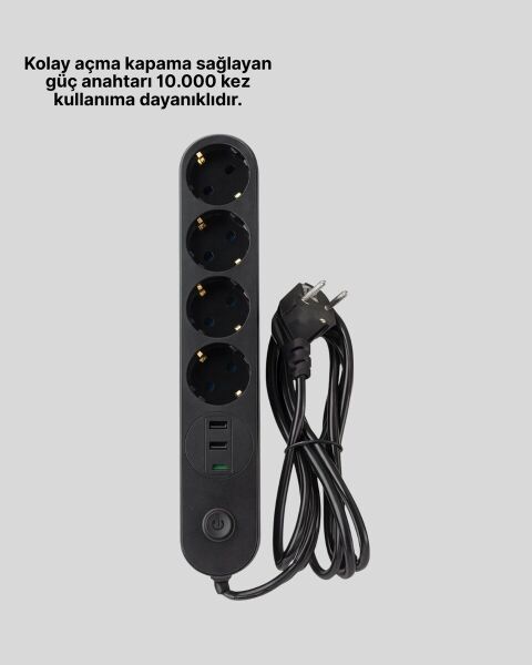 4 Priz 2 USB 1 Type-C Akım Korumalı Çoklu Priz Led Anahtarlı