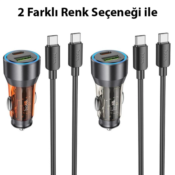 HOCO NZ12A Action PD43W USB + Type-C Araç Çakmaklık Hızlı Şarj Aleti + Type-C to Type-C Kablo-(5775)