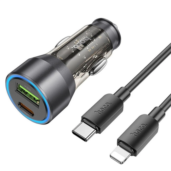 HOCO NZ12A Action PD43W USB + Type-C Araç Çakmaklık Hızlı Şarj Aleti + Type-C to iPhone Lightning Ka-(5775)