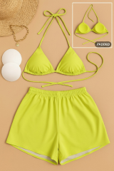 Kadın 3'lü Set Fosforlu Şortlu ve Yandan Bağlamalı Bikini Mayo Takımı