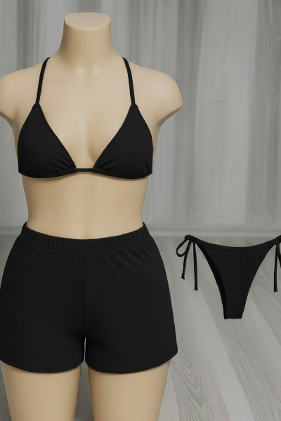 Kadın 3'lü Set Siyah Şortlu ve Yandan Bağlamalı Bikini Mayo Takımı
